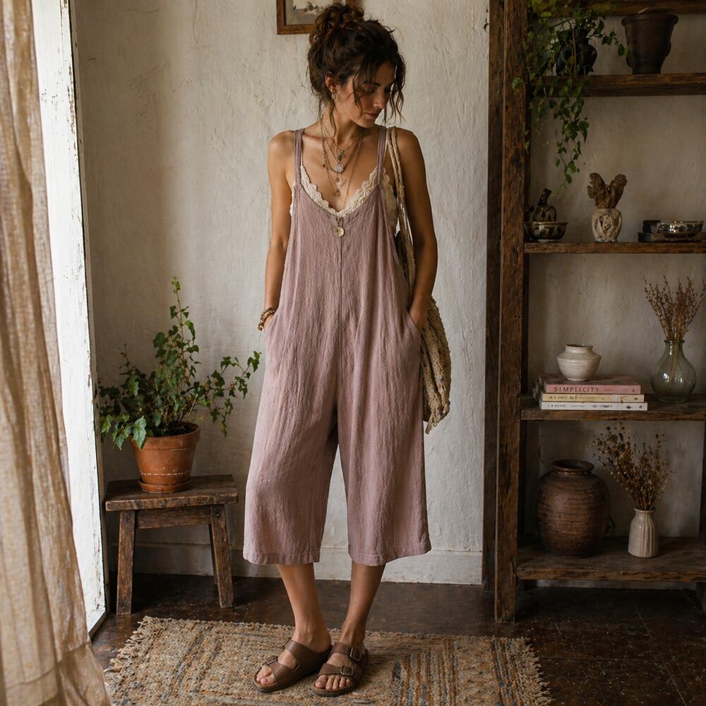 Free People Sezanne Jumpsuit Sz Small Overalls Cotton Lagenlook Boho Peasant